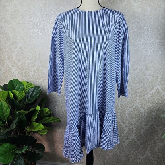 Zara Trafaluc Collection Sz XL Blue White Striped Dress Exposed Back Zip Ruffle - Picture 1 of 12